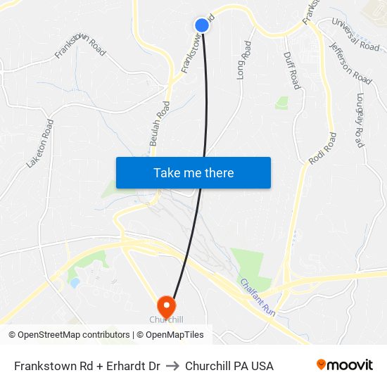 Frankstown Rd + Erhardt Dr to Churchill PA USA map