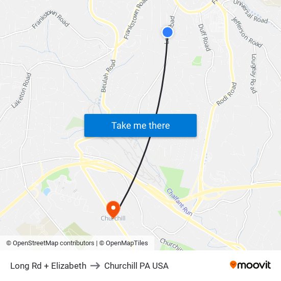 Long Rd + Elizabeth to Churchill PA USA map