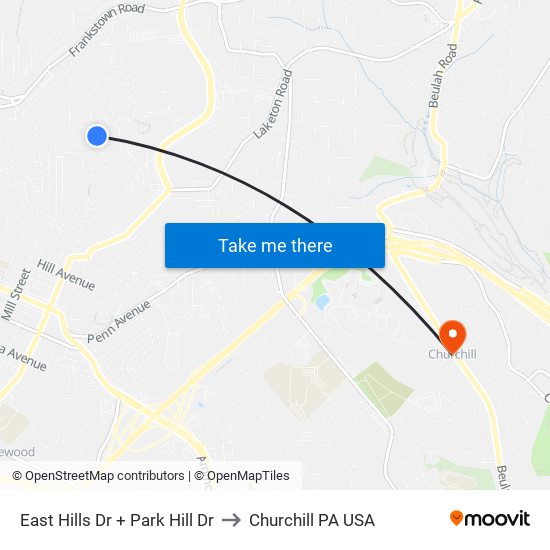 East Hills Dr + Park Hill Dr to Churchill PA USA map