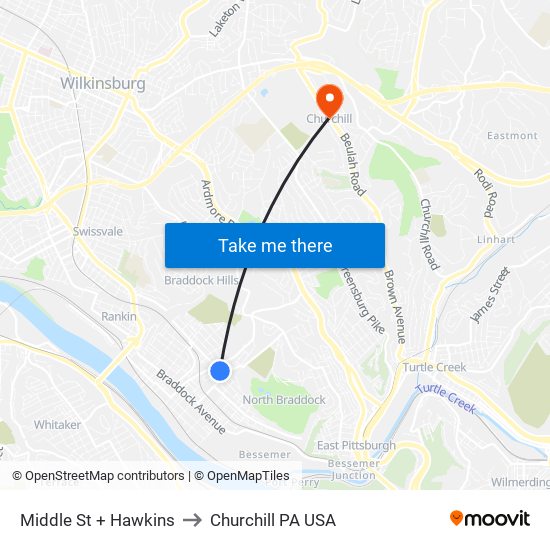 Middle St + Hawkins to Churchill PA USA map