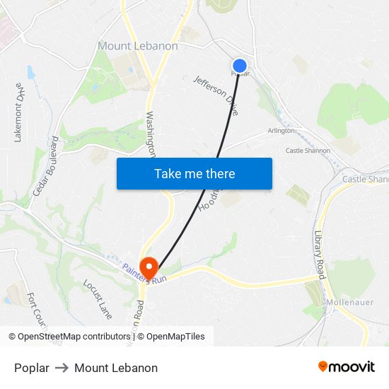 Poplar to Mount Lebanon map