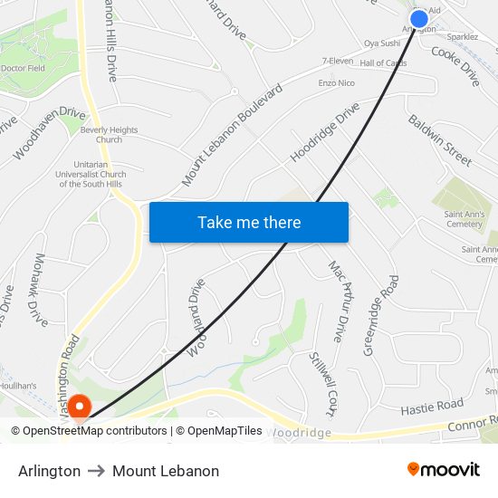 Arlington to Mount Lebanon map