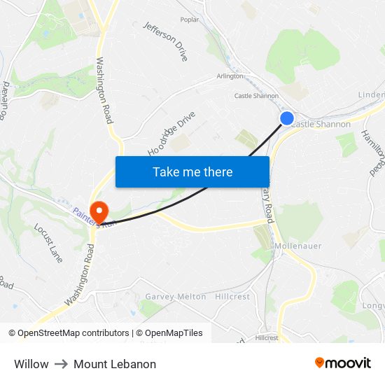 Willow to Mount Lebanon map