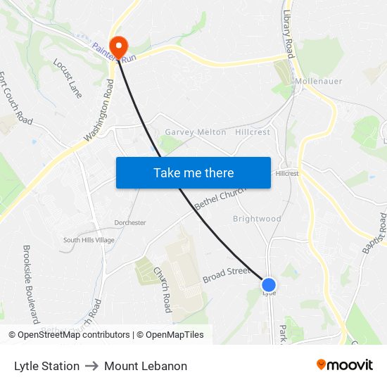 Lytle Station to Mount Lebanon map