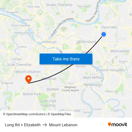 Long Rd + Elizabeth to Mount Lebanon map