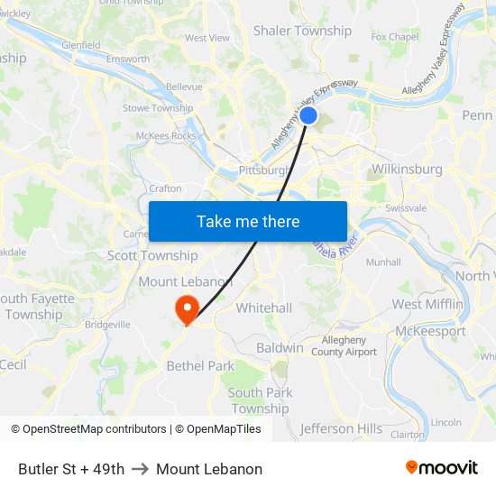 Butler St + 49th to Mount Lebanon map