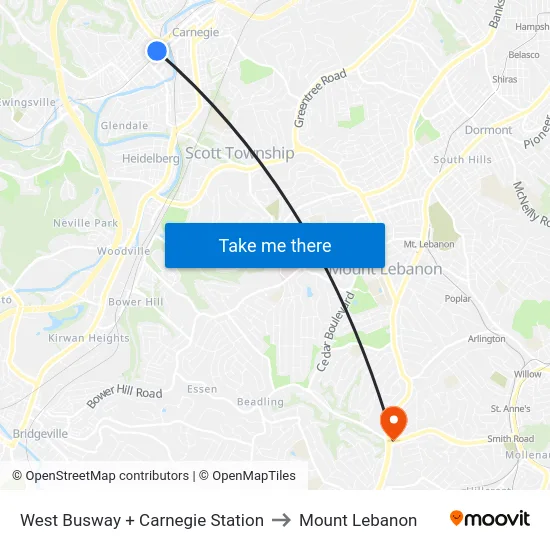West Busway + Carnegie Station to Mount Lebanon map