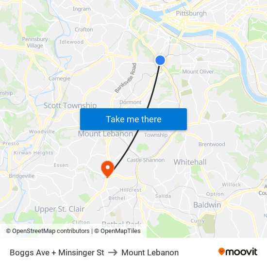 Boggs Ave + Minsinger St to Mount Lebanon map