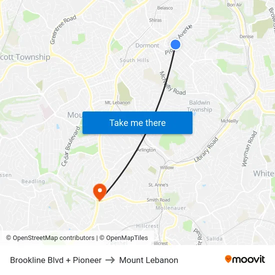 Brookline Blvd + Pioneer to Mount Lebanon map