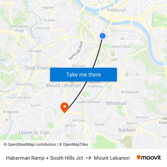 Haberman Ramp + South Hills Jct to Mount Lebanon map