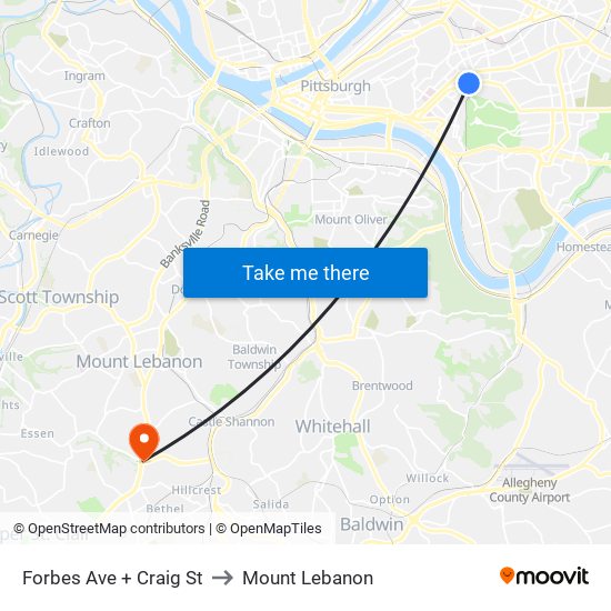 Forbes Ave + Craig St to Mount Lebanon map