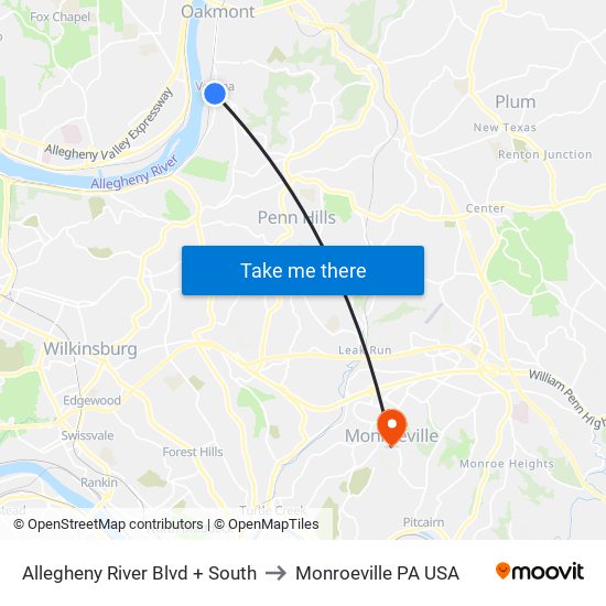 Allegheny River Blvd + South to Monroeville PA USA map