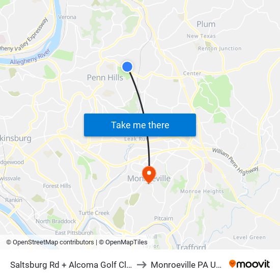 Saltsburg Rd + Alcoma Golf Club to Monroeville PA USA map