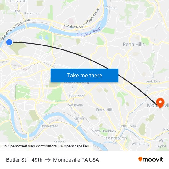 Butler St + 49th to Monroeville PA USA map