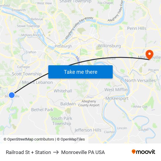 Railroad St + Station to Monroeville PA USA map
