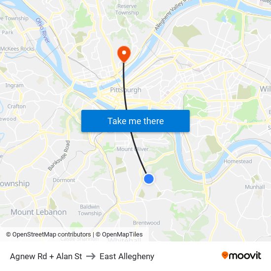 Agnew Rd + Alan St to East Allegheny map