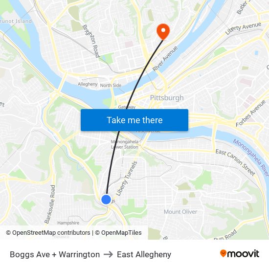 Boggs Ave + Warrington to East Allegheny map