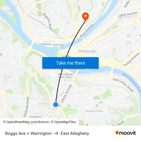 Boggs Ave + Warrington to East Allegheny map