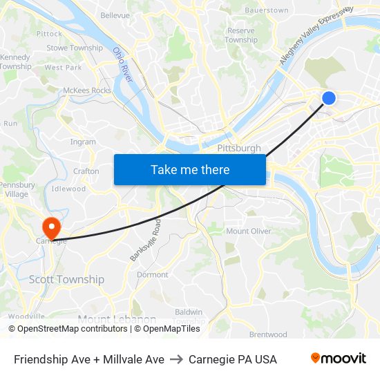 Friendship Ave + Millvale Ave to Carnegie PA USA map