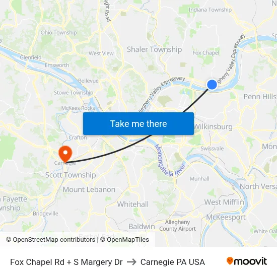 Fox Chapel Rd + S Margery Dr to Carnegie PA USA map