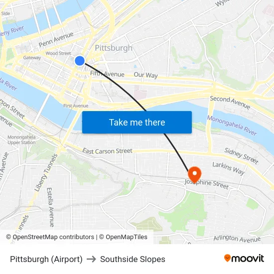 Pittsburgh (Airport) to Southside Slopes map