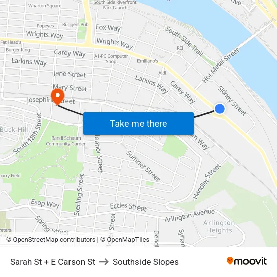 Sarah St + E Carson St to Southside Slopes map