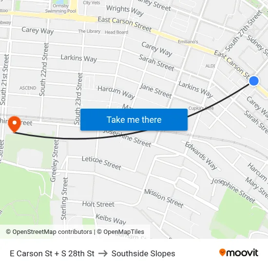 E Carson St + S 28th St to Southside Slopes map