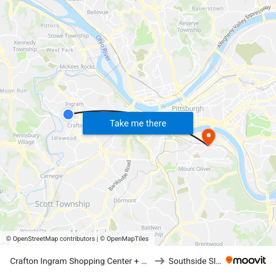 Crafton Ingram Shopping Center + Giant Eagle to Southside Slopes map