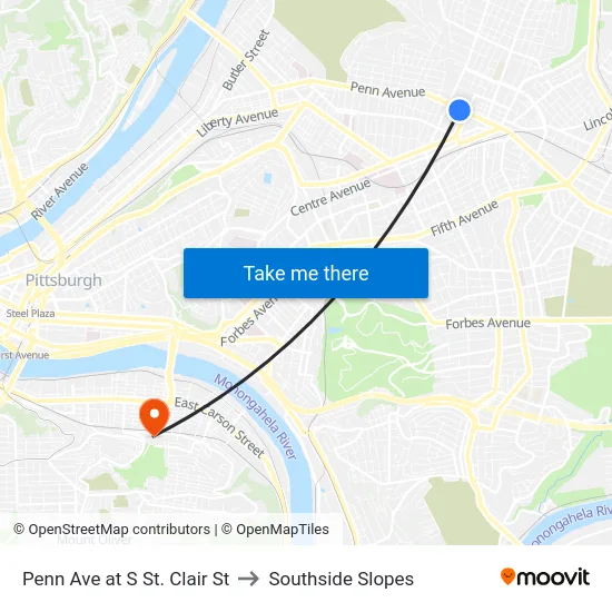 Penn Ave at S St. Clair St to Southside Slopes map