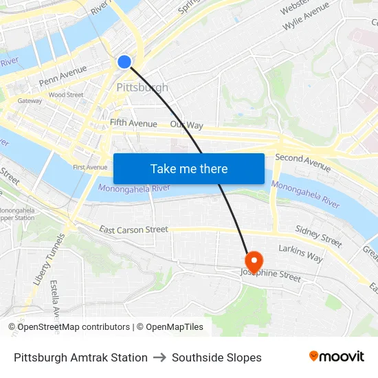 Pittsburgh Amtrak Station to Southside Slopes map
