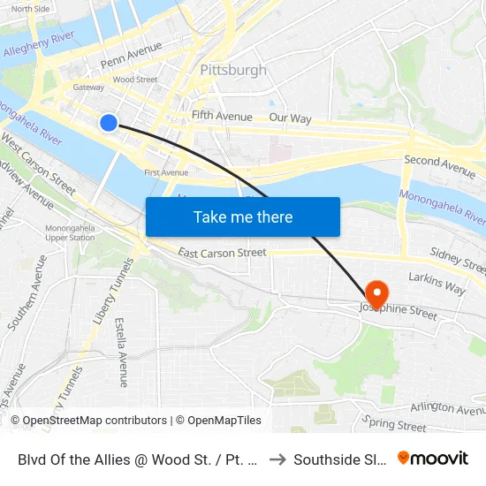Blvd Of the Allies @ Wood St. / Pt. Park Univ to Southside Slopes map
