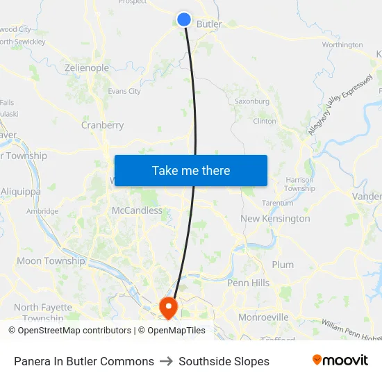 Panera In Butler Commons to Southside Slopes map