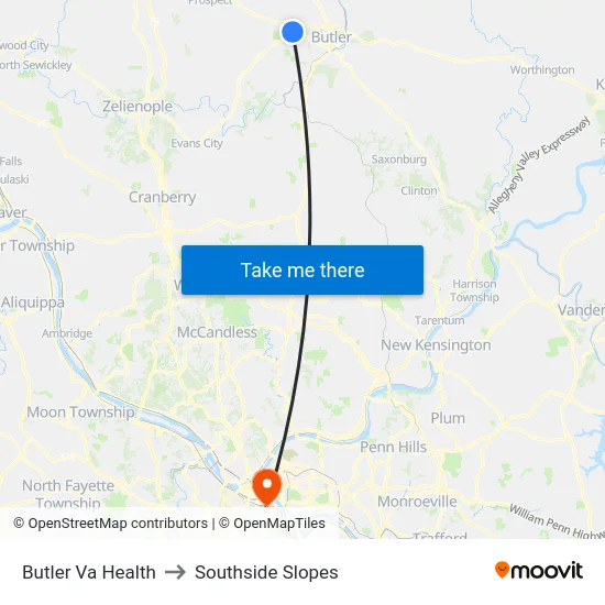 Butler Va Health to Southside Slopes map
