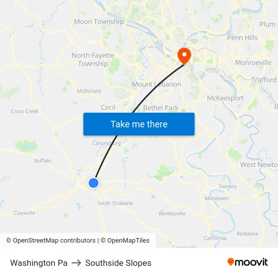 Washington Pa to Southside Slopes map