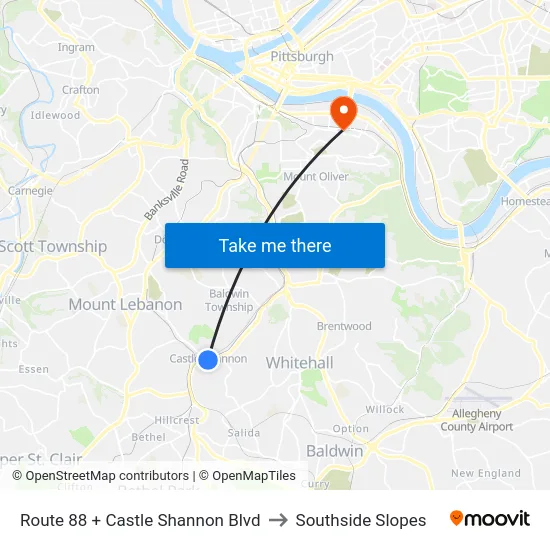 Route 88 + Castle Shannon Blvd to Southside Slopes map