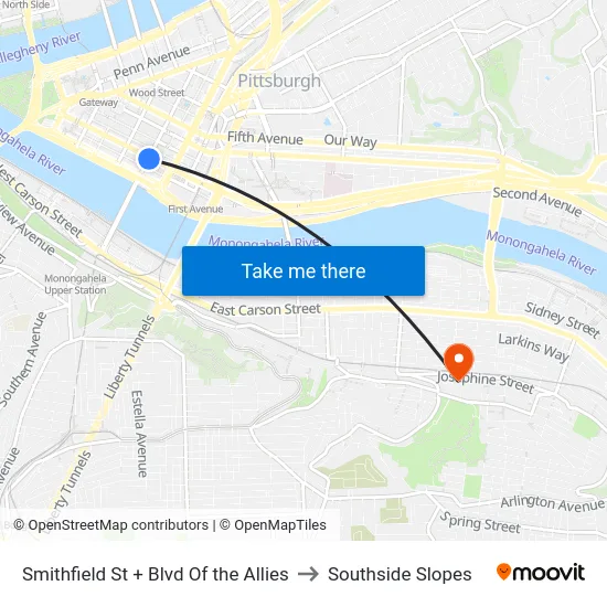 Smithfield St + Blvd Of the Allies to Southside Slopes map