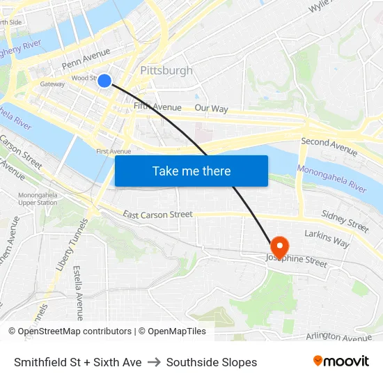 Smithfield St + Sixth Ave to Southside Slopes map
