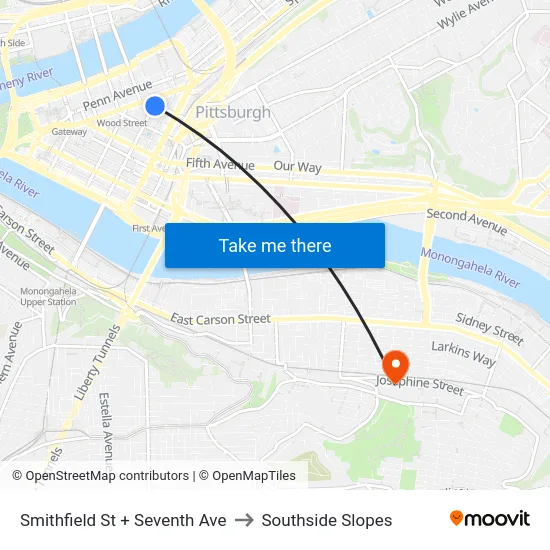 Smithfield St + Seventh Ave to Southside Slopes map