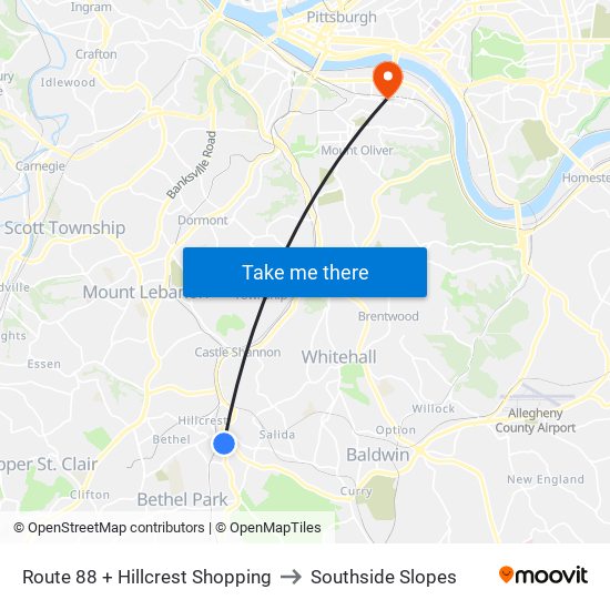 Route 88 + Hillcrest Shopping to Southside Slopes map