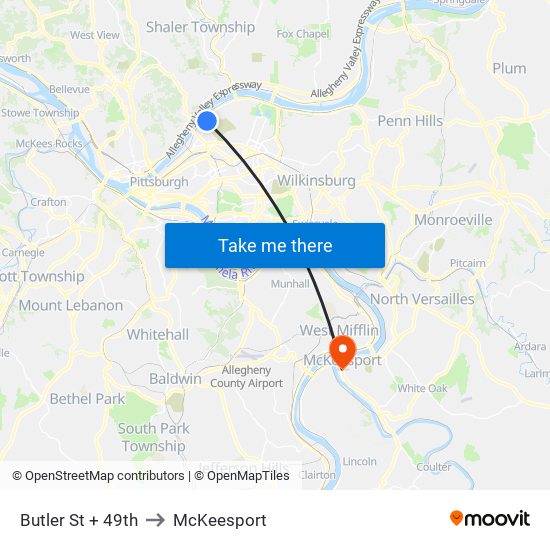 Butler St + 49th to McKeesport map