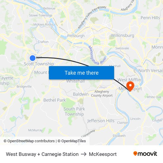 West Busway + Carnegie Station to McKeesport map