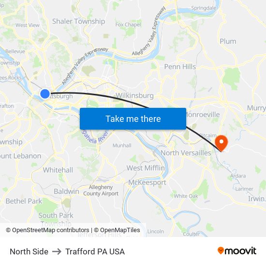 North Side to Trafford PA USA map
