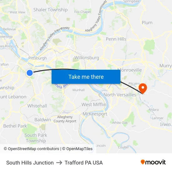 South Hills Junction to Trafford PA USA map