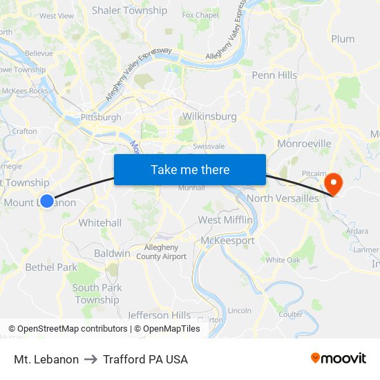 Mt. Lebanon to Trafford PA USA map