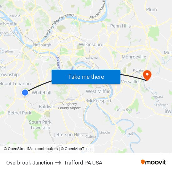 Overbrook Junction to Trafford PA USA map