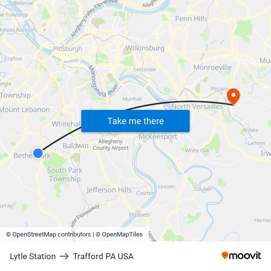 Lytle Station to Trafford PA USA map