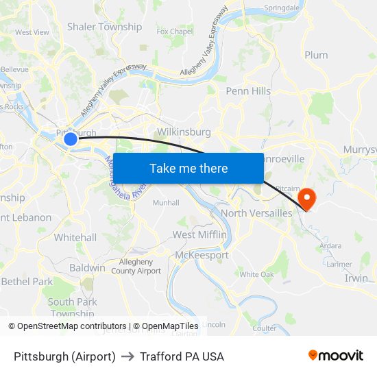 Pittsburgh (Airport) to Trafford PA USA map