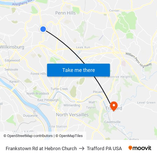 Frankstown Rd at Hebron Church to Trafford PA USA map