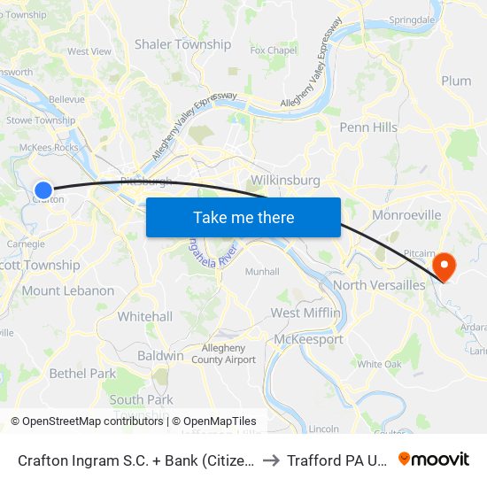 Crafton Ingram S.C. + Bank (Citizens) to Trafford PA USA map