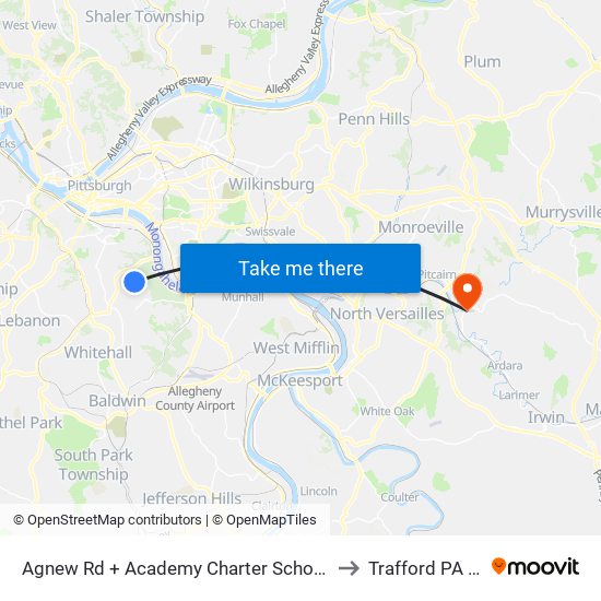 Agnew Rd + Academy Charter School Drvwy to Trafford PA USA map